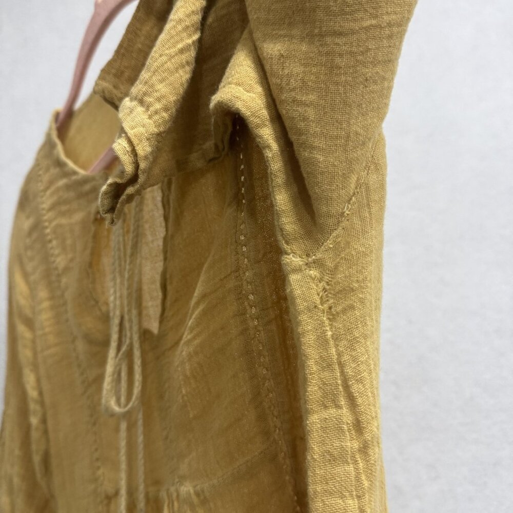 Made in Italy Linen Cotton Peasant Blouse Womens Large Mustard Tie Tassel Boho - Picture 8 of 9